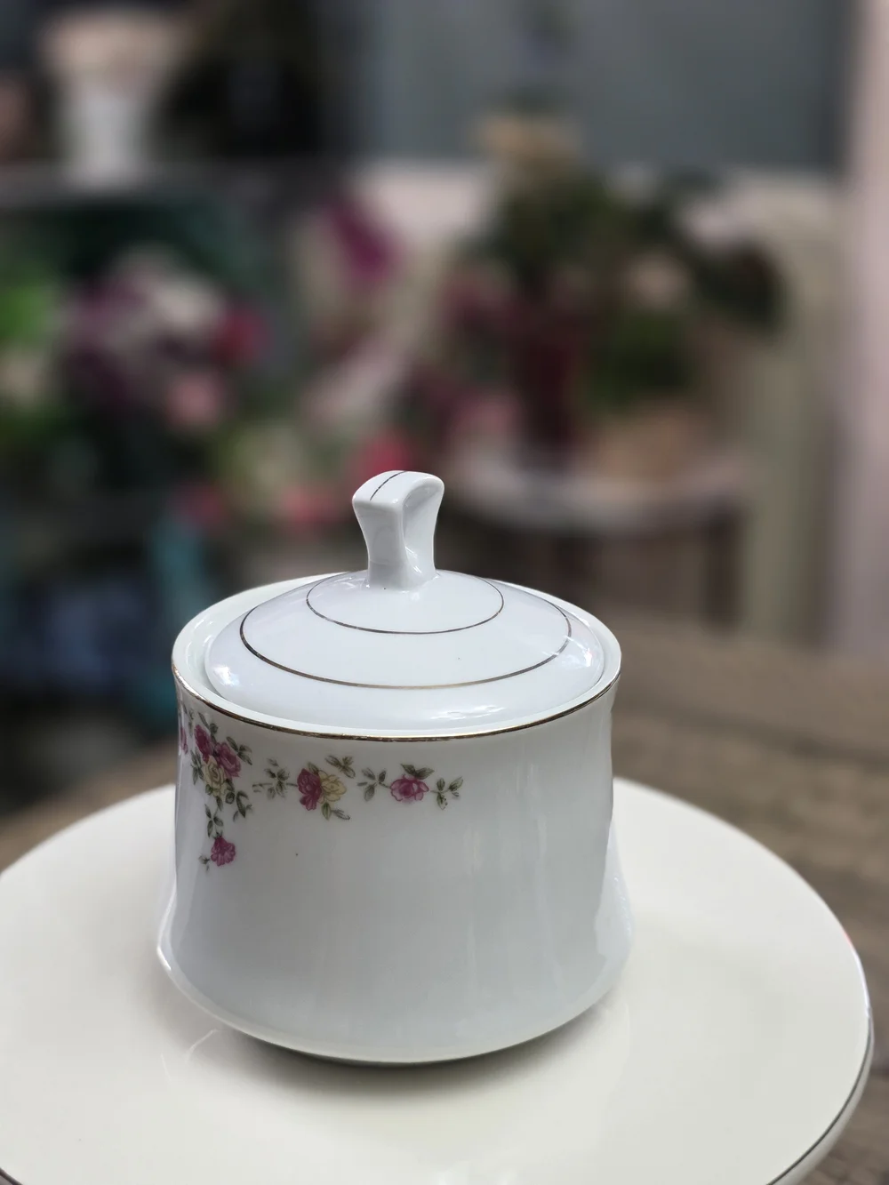 Porcelain Sugar Bowl with Pink Rose Motif - White and Gold Accent